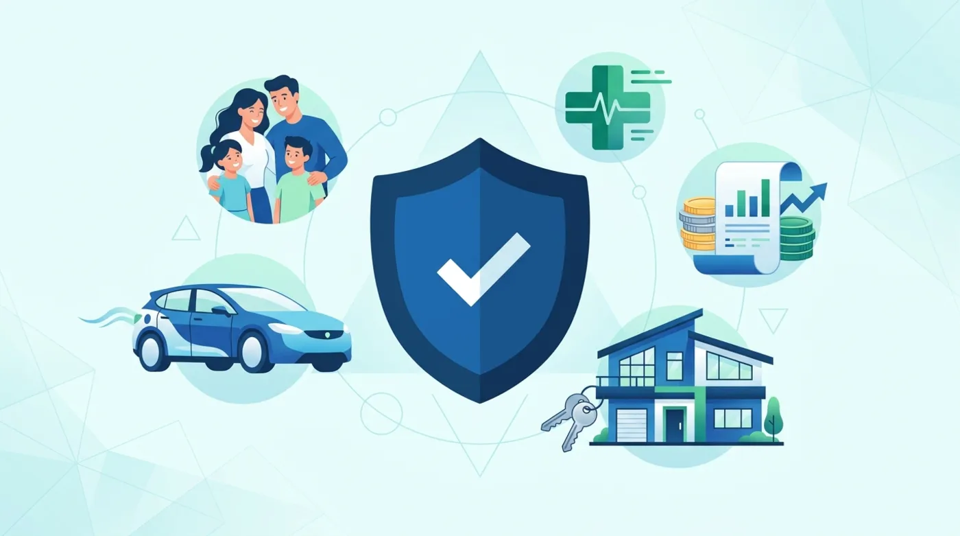 Illustration of a protective shield surrounded by a car, a family, healthcare, personal finance and a modern home